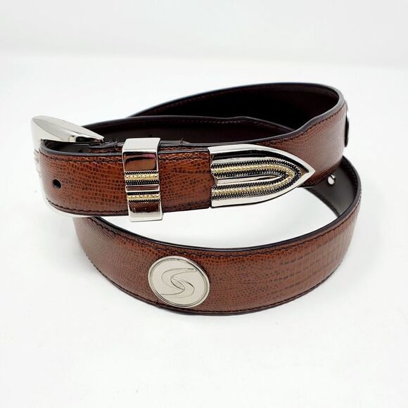 Brown Leather Round Silver Tone Accent Belt - Picture 1 of 9